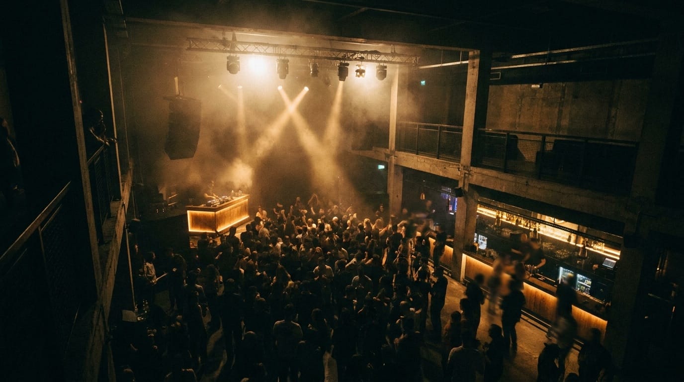 A packed nightclub bathed in golden light over the dancefloor