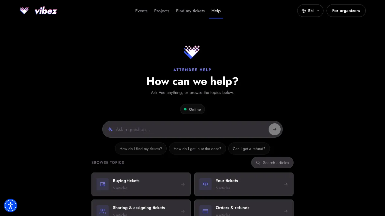 The attendee Help Center: Vee's question box with an Online pill, suggested questions, and the topic grid