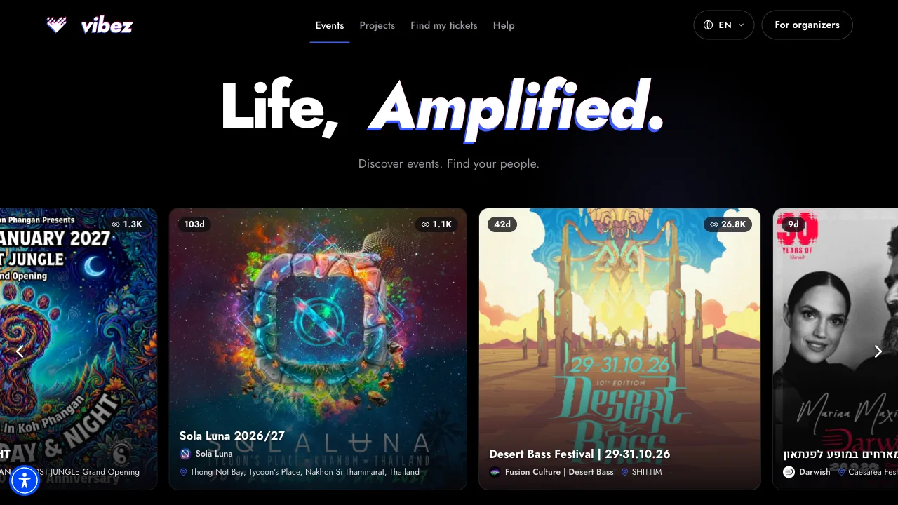 The vibez.io home page: the Spotlight row of event flyers under the Life, Amplified headline