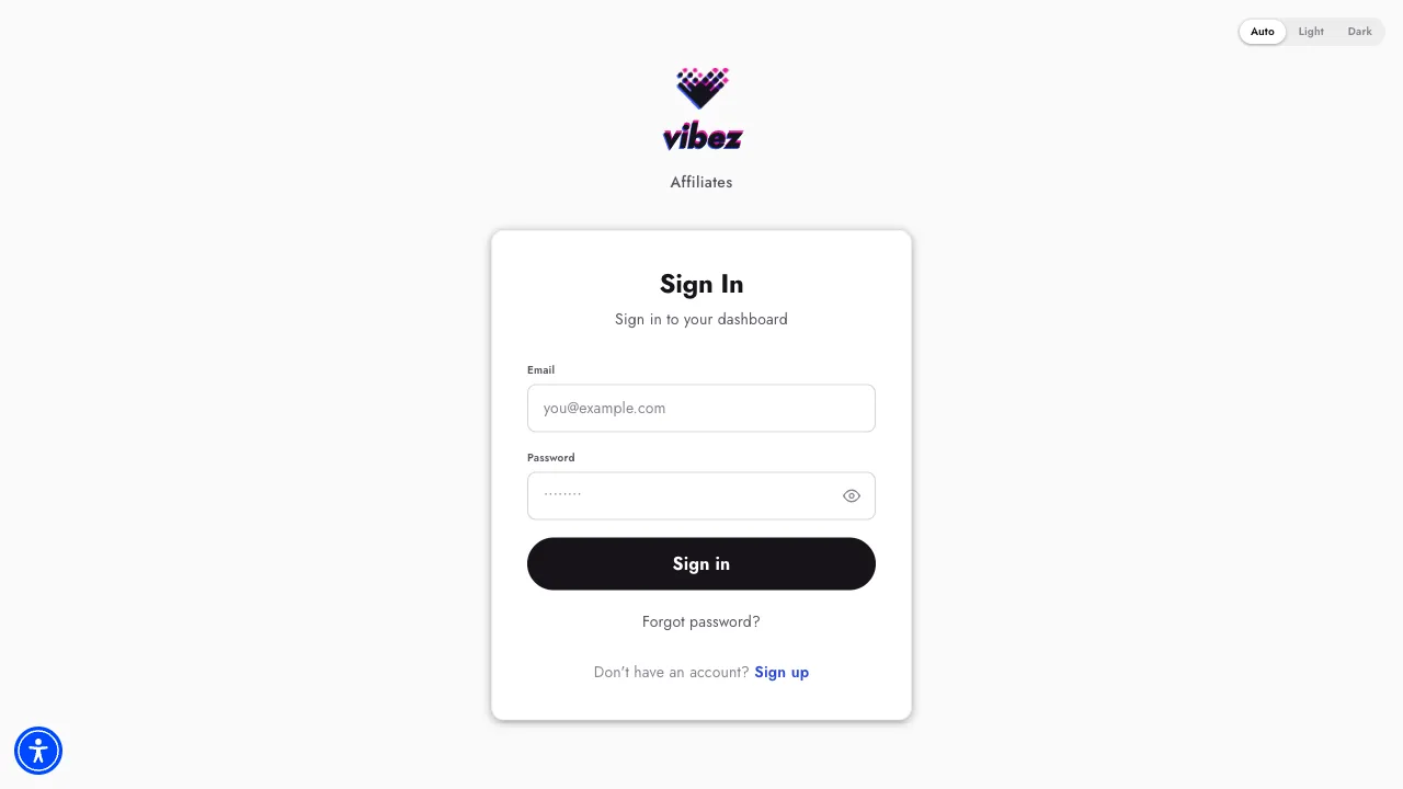 The affiliate app login page on the new Vibez design
